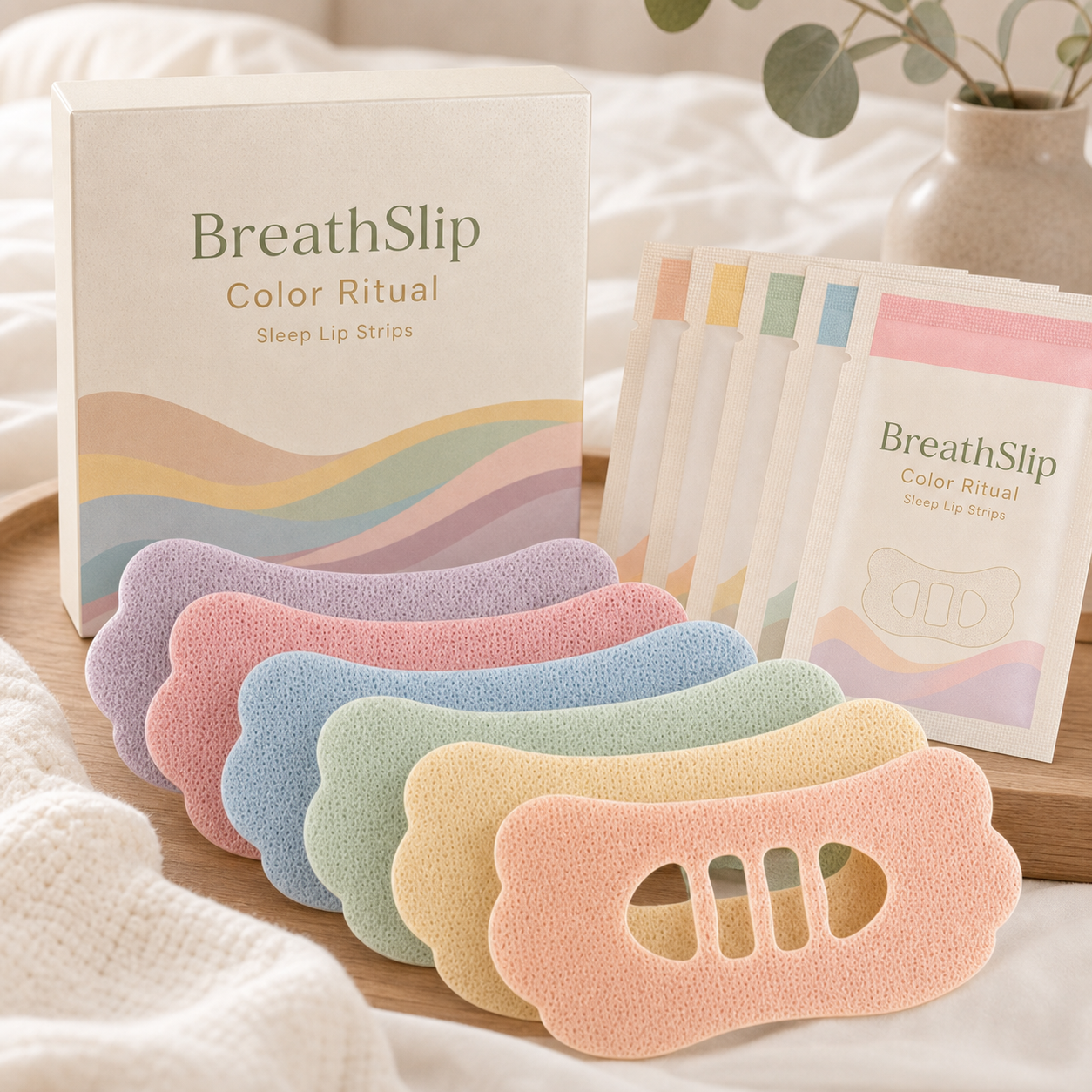 BreathSlip Color Ritual dopamine color sleep lip strips and packaging