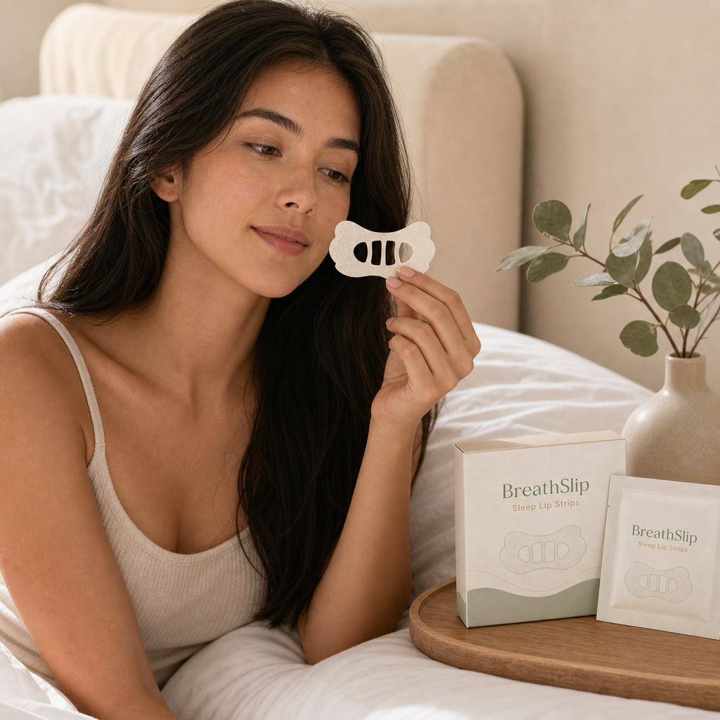 BreathSlip bedtime routine lifestyle scene with strip and packaging