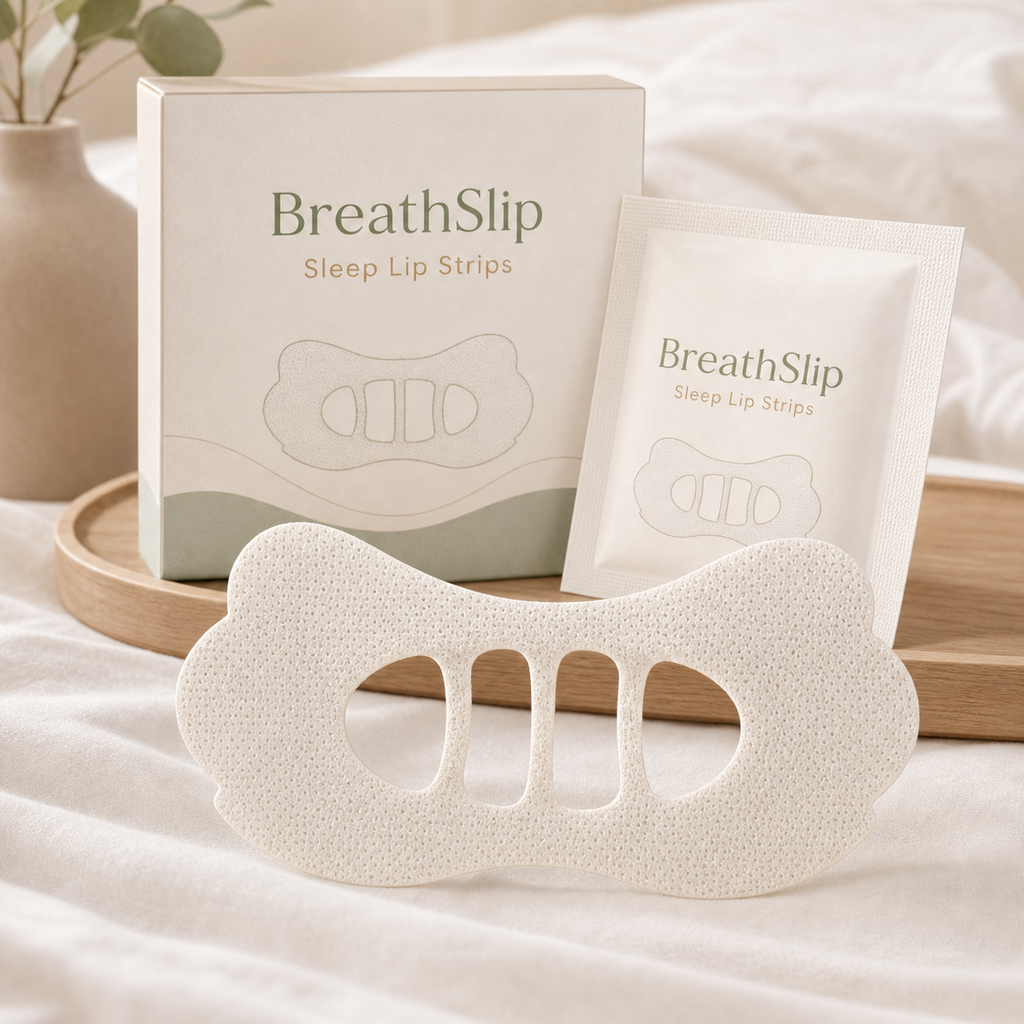 BreathSlip Sleep Lip Strips cream packaging and porous three-bridge strip