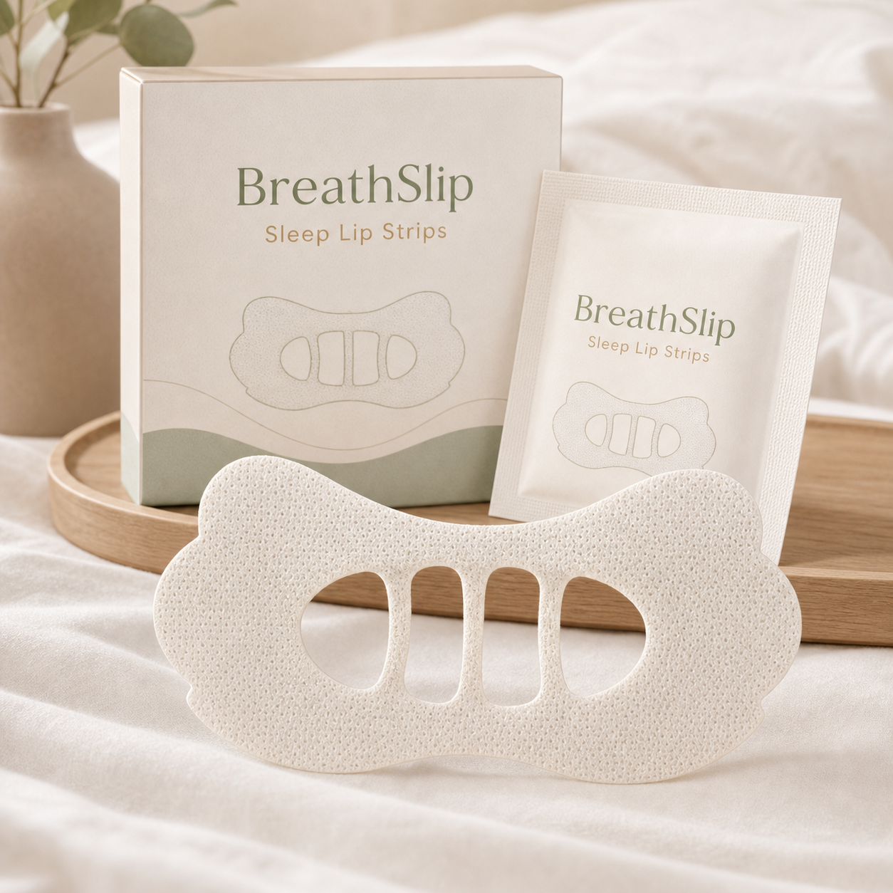 BreathSlip Sleep Lip Strips cream packaging and porous three-bridge strip